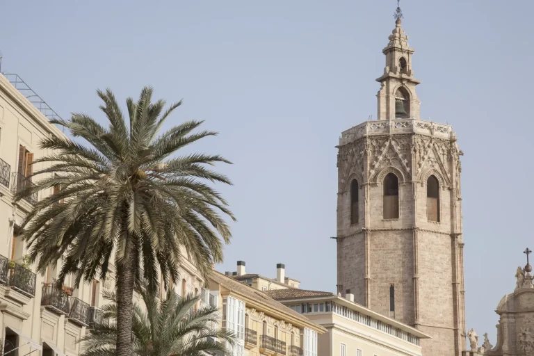 Historischer Turm und Palmen im Zentrum von Valencia